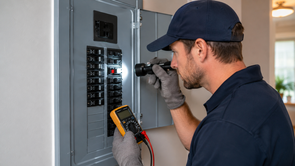 Licensed electrician inspecting a residential breaker panel for why your breaker keeps tripping