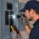 Licensed electrician inspecting a residential breaker panel for why your breaker keeps tripping