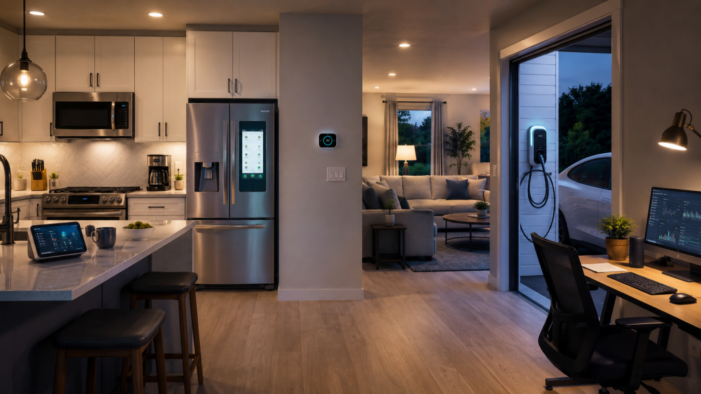 Modern home interior showing updated electrical appliances and EV charger for home power demands