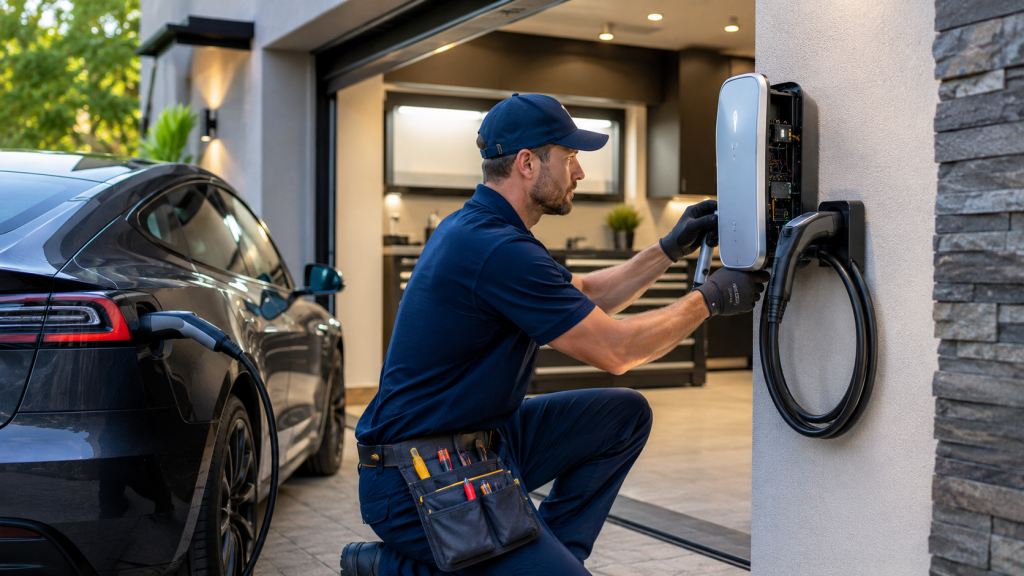 Electrician installing a wall-mounted Level 2 EV charger in a garage for home EV charger installation