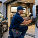Electrician installing a wall-mounted Level 2 EV charger in a garage for home EV charger installation