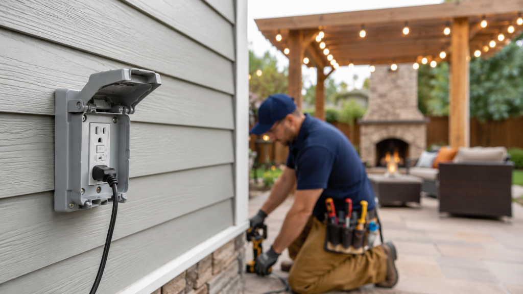 Electrician installing a weatherproof exterior outlet on home siding for outdoor outlet installation