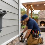 Electrician installing a weatherproof exterior outlet on home siding for outdoor outlet installation