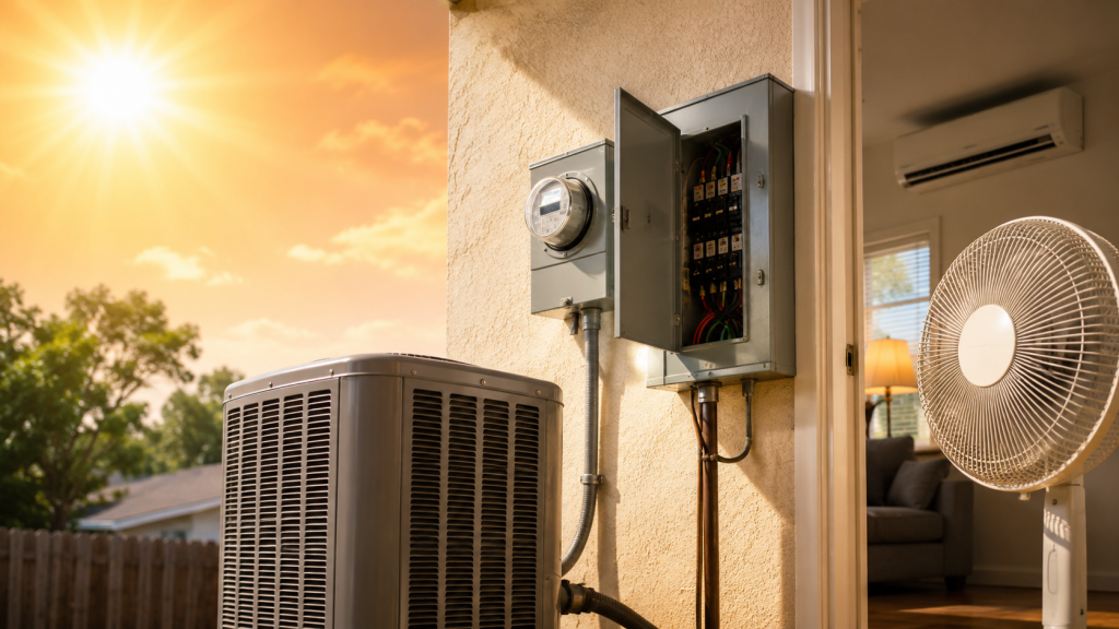 Electrician inspecting outdoor air conditioning unit electrical connections during hot weather