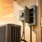 Electrician inspecting outdoor air conditioning unit electrical connections during hot weather