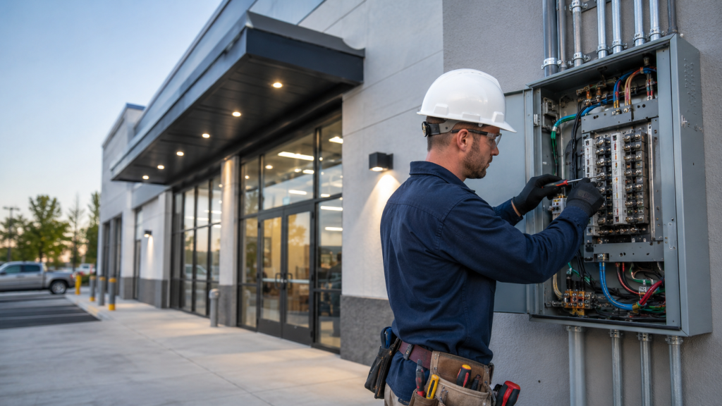 Commercial electrician in safety gear installing a service panel to upgrade electrical capacity