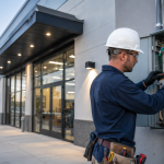 Commercial electrician in safety gear installing a service panel to upgrade electrical capacity