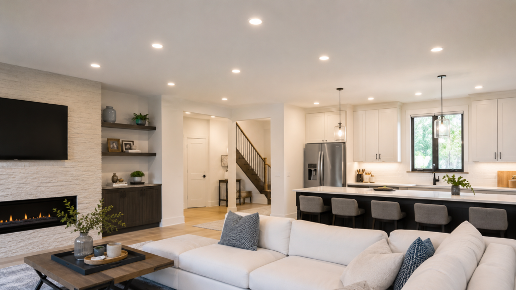 Modern living room with modern LED recessed lighting installation on ceiling
