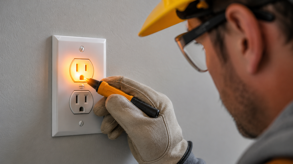 Electrician testing wall electrical socket with voltage tester for warm outlet or switch troubleshooting
