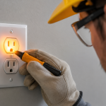 Electrician testing wall electrical socket with voltage tester for warm outlet or switch troubleshooting