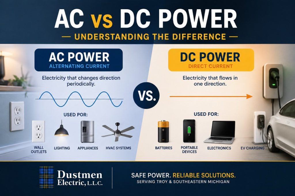 A comparison chart of alternating current versus direct current electricity, highlighting residential electrical basics from Dustmen Electric.