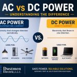 A comparison chart of alternating current versus direct current electricity, highlighting residential electrical basics from Dustmen Electric.