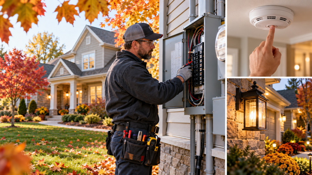 Licensed electrician inspecting a home electrical breaker panel during a fall electrical safety check in Southeast Michigan.