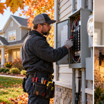 Licensed electrician inspecting a home electrical breaker panel during a fall electrical safety check in Southeast Michigan.