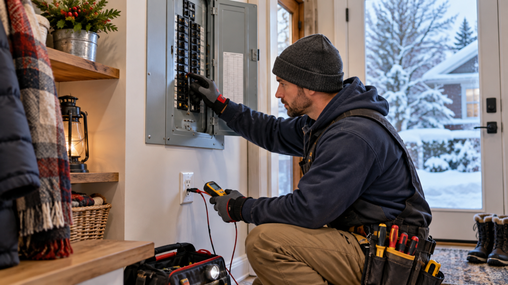 Close-up of a homeowner testing a GFCI outlet test and reset buttons in a kitchen or bathroom.