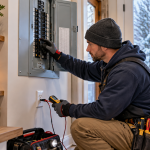 Close-up of a homeowner testing a GFCI outlet test and reset buttons in a kitchen or bathroom.