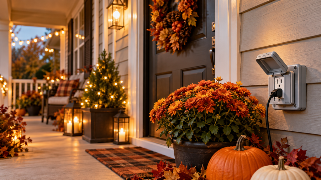 Exterior porch and driveway lighting illuminating the front of a home at dusk in autumn.