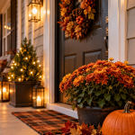 Exterior porch and driveway lighting illuminating the front of a home at dusk in autumn.